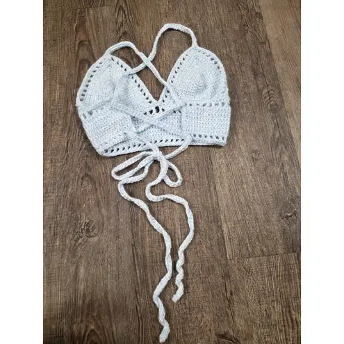 Handmade Crochet Women's Small Bralette Halter Cross Tie Back Top Baby Blue