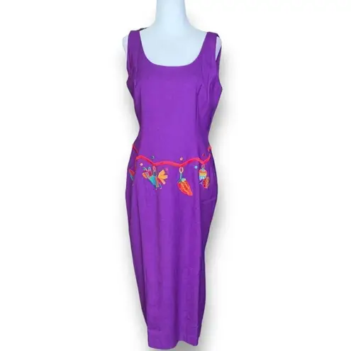 Vintage Deborah Laws Dress Purple Mexican Fiesta Embroidered Linen Blend Maxi Size 10P