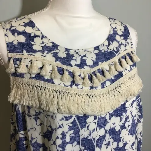 Kensie Blue White Floral Tassel Fringe Shift Dress