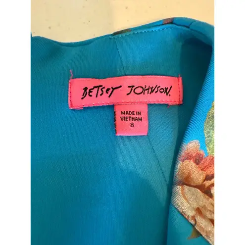 Betsey Johnson  Floral Print Dress V Neck Cap Sleeve Party Cocktail Blue Size 8