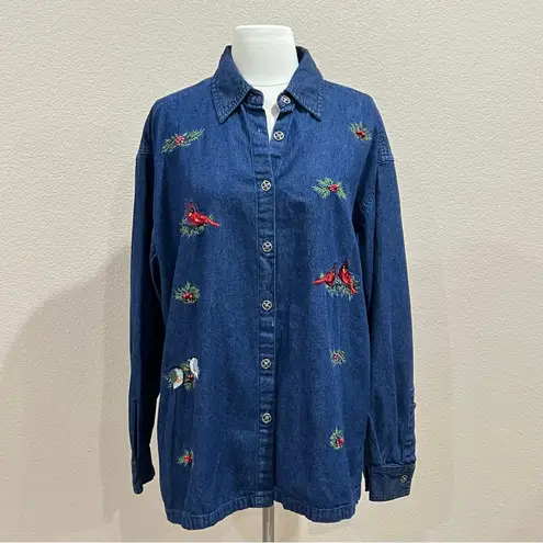 Company One Denim Shirt With Embroidered Cardinals, Holly, & Chickadees Size 1X Blue