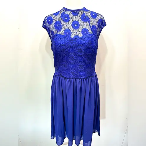 Mystic Royal Blue Sheer Lace Yoke Sweetheart Neckline Sheer Overlay Dress Made in USA
