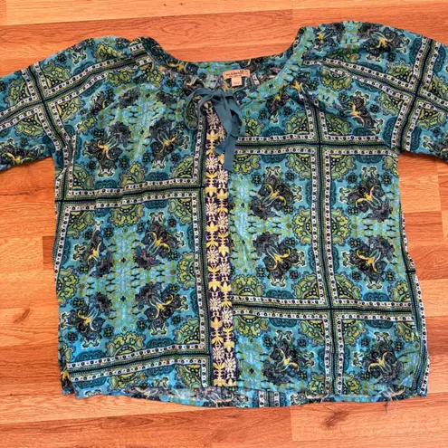 One World 1X Boho Peasant Blouse Blue Green Paisley Festival Top Rayon