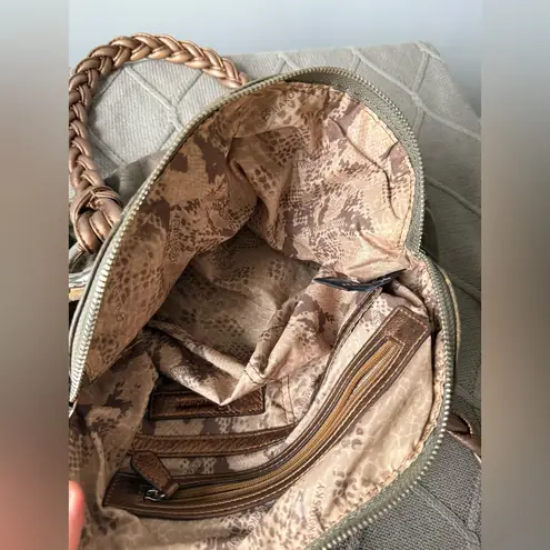 VTG B. Makowsky Caroline Bag Camouflage Bronze Leather Braided Double Handles Brown