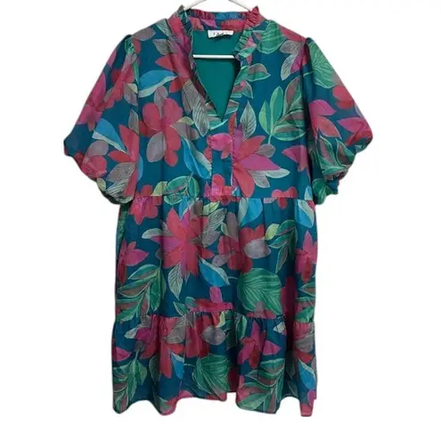 THML Flower Power Mini Dress Teal Pink Puff Sleeve Tiered Short Dress Size XL