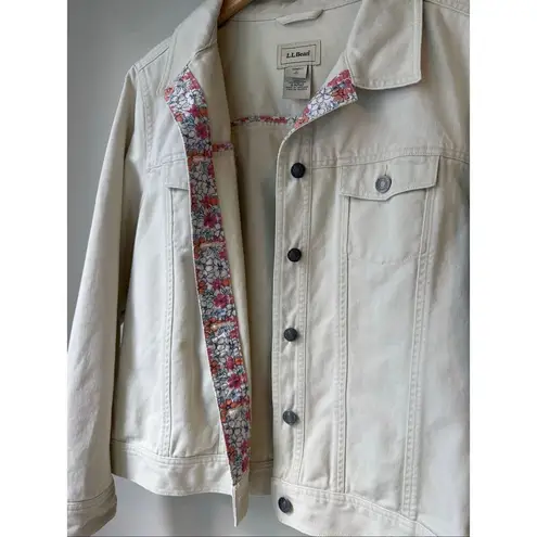 Vintage L.L Bean 100% Cotton Beige/Cream Denim Jacket With Floral Trim Tan Size L