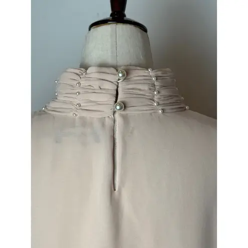 Karl Lagerfeld Shirt Women Large Pink Blush Mock Neck Pearl Embellished Blouse