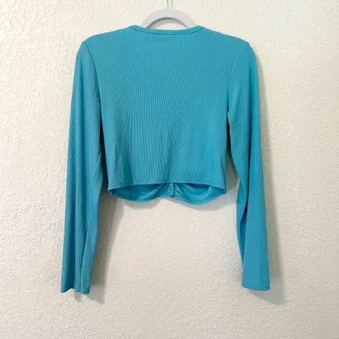 ZARA Aqua Turquoise Ribbed Knit Ruched Button Front Cropped Cardigan Size M