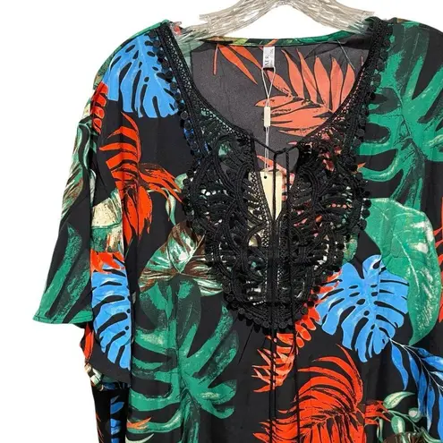 Ekouaer Lace Crochet Summer Beach Cover Up Dress Black Leaf Print Size 2XL NWT Blue