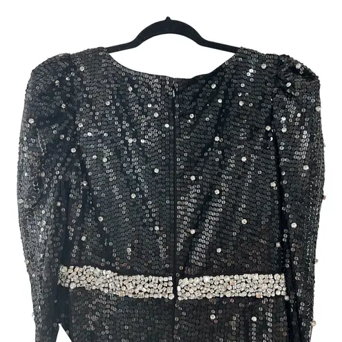 Mac Duggal NEW V Neck Sequin & Rhinestone Embellished High Slit Maxi Gown Black