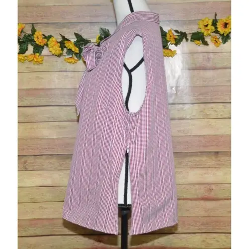 Retrolicious Womens 1X Red & White Gingham Stripe Sleeveless Blouse Top Bow Neck