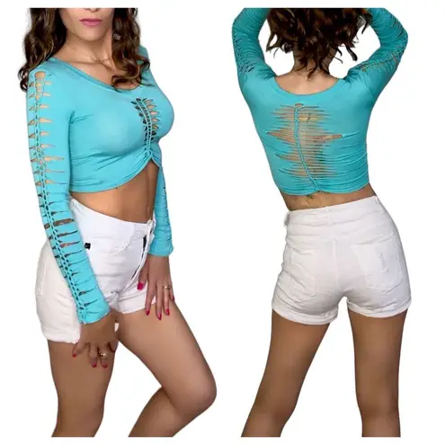SLIT WEAVE Knotted Long Sleeve Turquoise Crop Top Rave Party Festival Club Sz S
