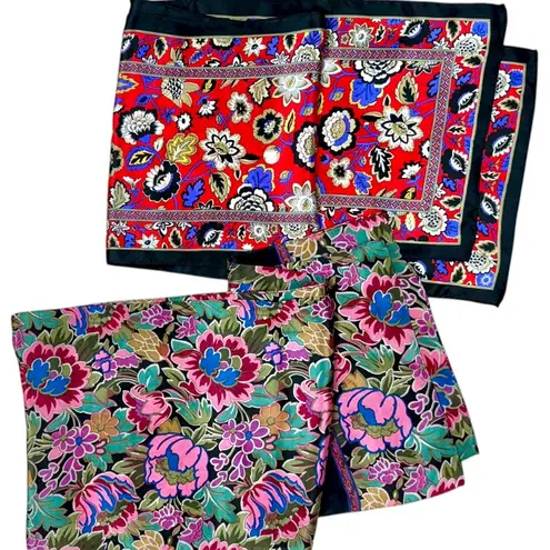 Lot of 2 Vintage Silk Floral Scarves Pink & Red Boho Floral Botanical Prints