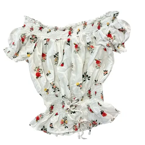 Stella Tweed Romantic Summer White Floral Smocked Blouse Medium Milkmaid Cottagecore Peasant