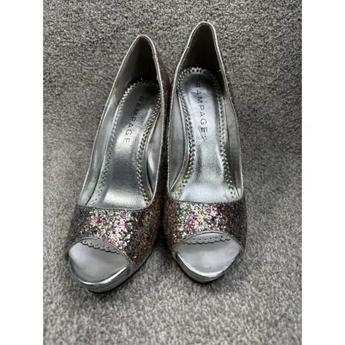 Women's 8M Silver Glitter High Heel Pumps Peep Toe Party Shoes Holiday NYE Size 8
