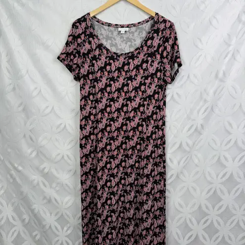 5 for $25| J. Jill Seamed Knit Floral Border Ultra Soft Flowy Maxi Pocket Dress Black