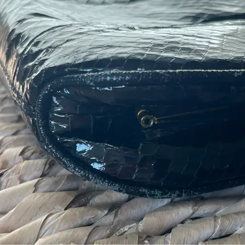 Vintage 80s, Black Snake Skin Shoulder clutch Bag Purse Gold Accents Crystals