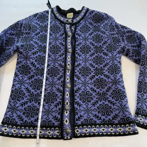 Vintage LL Bean Purple Nordic Snowflakes Button Wool Cardigan Sweater Size SMALL