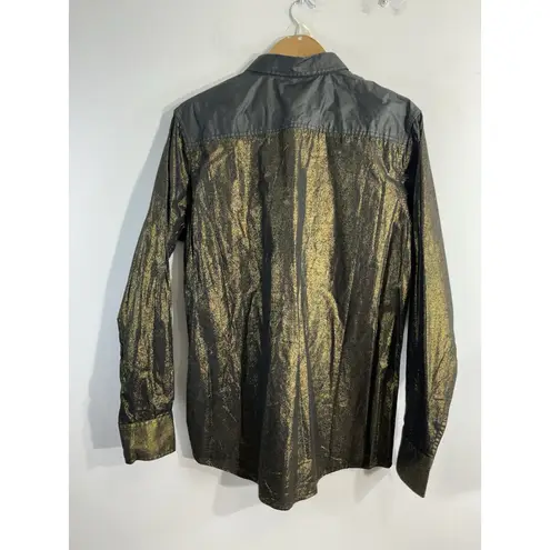 INC Womans Medium Casual Shine Black Bronze Shimmer Long Sleeve Button Blouse