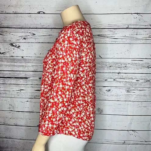 Suzanne Betro SB Size XL Red Floral Print Keyhole Peasant Shirt Top
