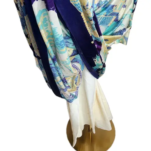 Vtg Future Couture New York Hostess Maxi Dress Asian Garden Scene 60s 70s Blue