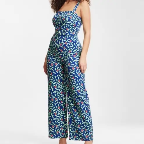 COLLECTIF Olympia Square Neck Belted Strawberry Vine Jumpsuit Size Small (6) Blue