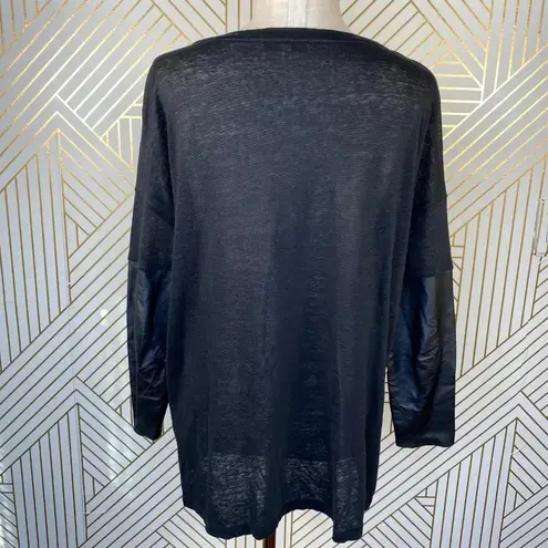 Sandro Paris Black Linen Top w/ Leather Sleeves