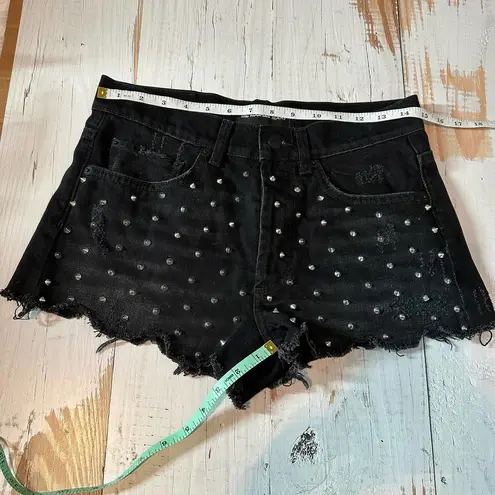 The Kooples Studded Denim Distressed Fray Cheeky Mini Shorts Black