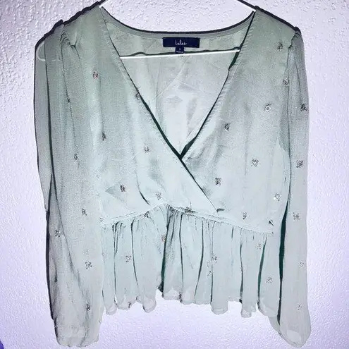 Lulus Light Sage Green Embroidered Peplum Blouse – Size Small