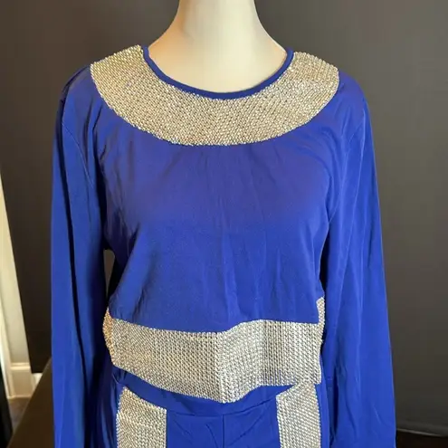 Women’s Sexy Bodycon Blue & Silver Studded Crop Top & Pencil Pants Size XL NWOT