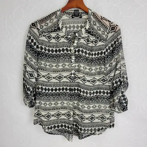 About A Girl Womens Blouse Size Medium Black Bohemian Pattern Button Down Sheer