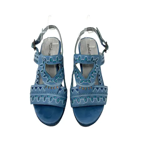 Sundance  Pampil Wedge Sandals Cut Out‎ Embroidered Leather Blue Size 39 US 8