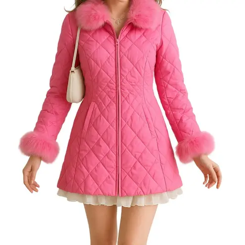 Marvin Richards Pink Quilted Down Coat w/ Real Fox Fur Trim | Coquette Y2K Small