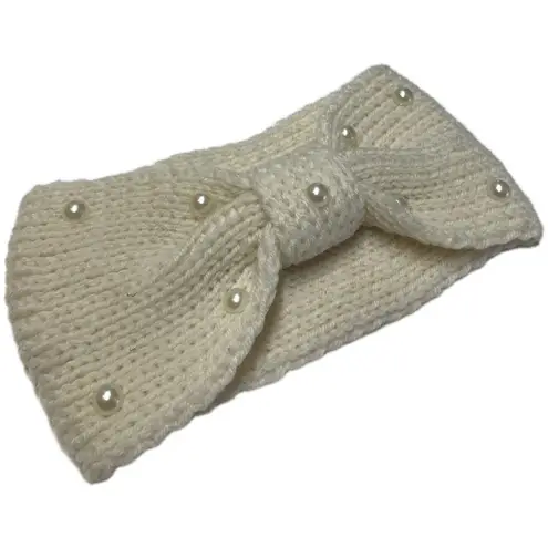 Vegan Knit Pearl Bow Headband Ear Warmer White