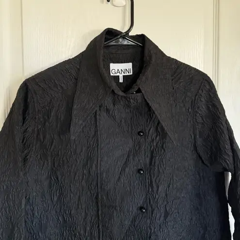 Ganni Jacquard Organza Wide Placket Shirt in Black
