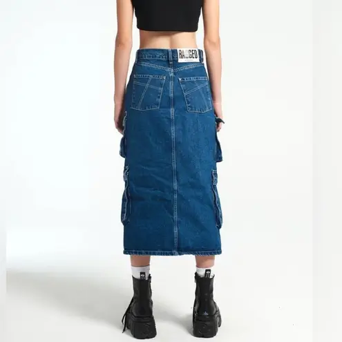 The Ragged Priest Denim Cargo Midi Skirt Womens 28 Blue Jean Edgy Chic