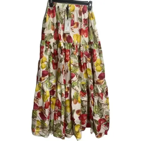 Cara Cara Women's 100% Cotton Tropical Fruit Ivory Melaine Midi Skirt Size XS Red