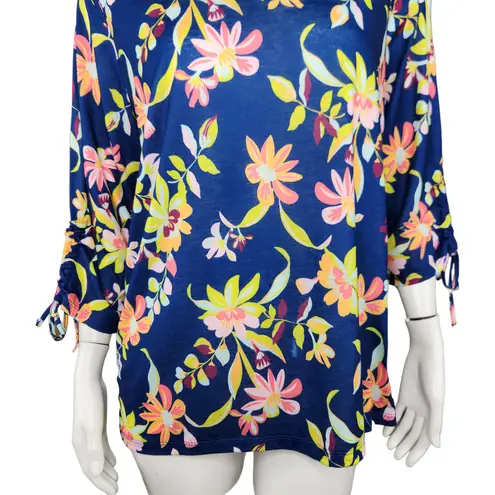 Caribbean Joe Women's Large Blue Floral Blouse 3/4 Sleeves Tie Detail NWT Cruise