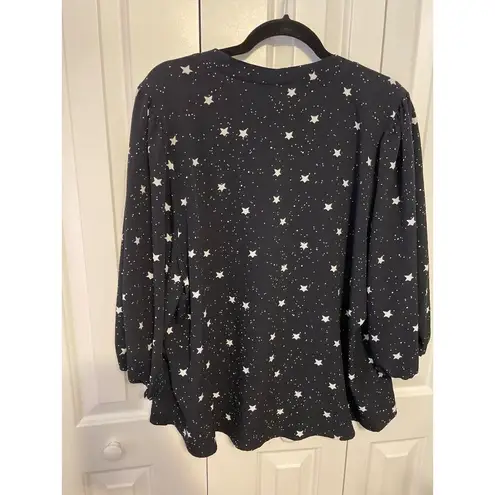 Black Star Print Long Sleeve Blouse With Tie Neckline Retrology 2X