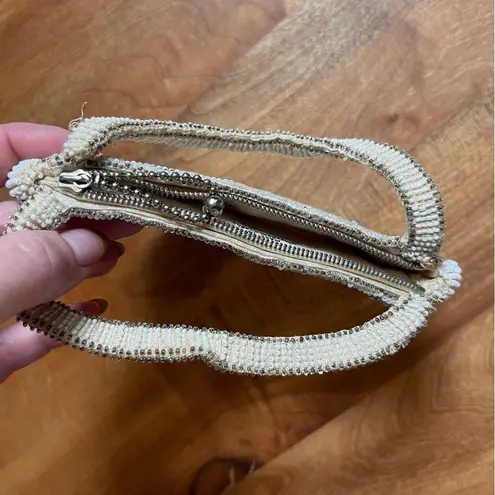 Vintage Czech Beaded 6" Mini Purse Handbag Clutch Silver White Evening MINT Brown