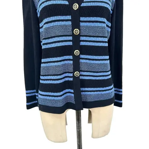 St. John Collection Santana Knit Black Blue Stripe Cardigan Sweater Size 4