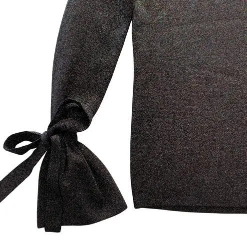 Few Moda Black Glitter Shimmer Long Sleeve Bow Blouse Shirt Women's Size Small