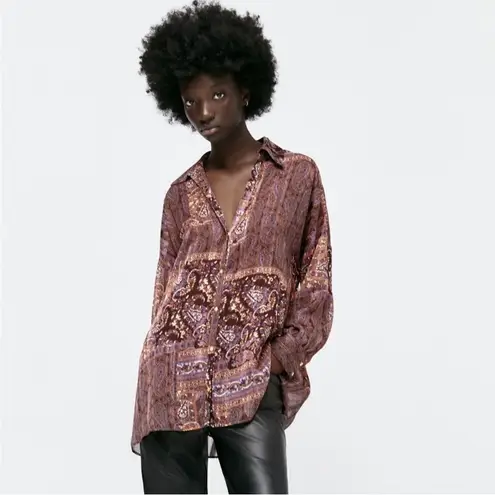 ZARA  Patchwork Oversized Blouse Top Sheer Brown Paisley Size Large