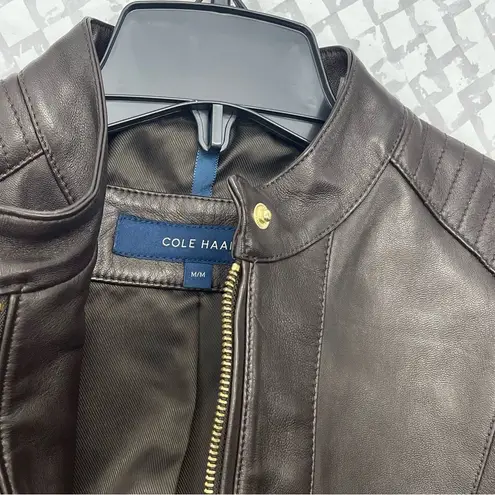 Cole Haan  356M2185 Size M Snap Neck Racer Lambskin Leather Jacket Dark Espresso