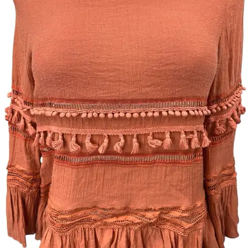 Bacio Brown Pom Pom Tassel Embellished Ruffle Boho Western Blouse Top Size S