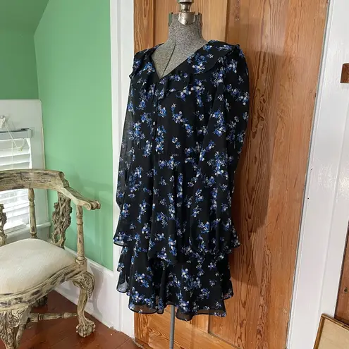 Karl Lagerfeld Paris Long Sleeve Floral Ruffle Hem Tiered Mini Dress - Sz 4