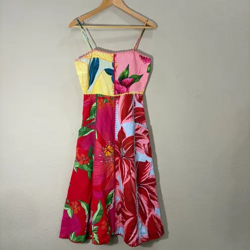 Farm Rio Mixed Garden Dress Floral Patch Linen Midi Sz XS Boho Beachy Wedding