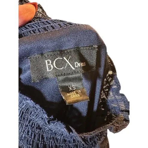 BCX Dress Navy Blue Metallic Mock Neck Flutter Short Sleeve Dress Women Sz XS