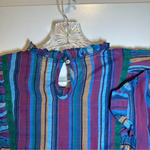 dRA Blue/Purple Striped Short Sleeve Ruffle Accent Blouse size M Size M