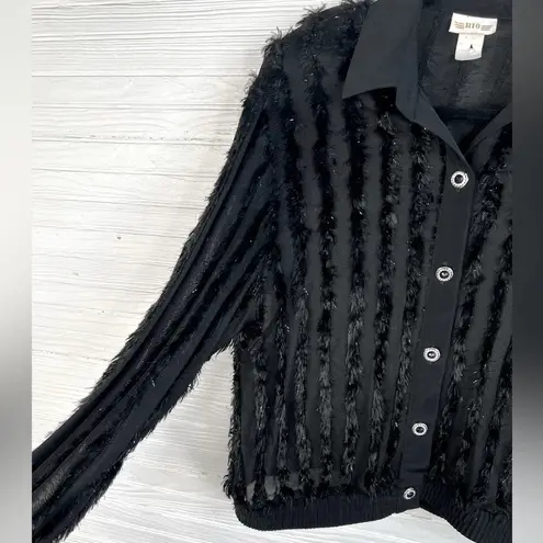 Vintage RIO Black Feather Fringe Jacket Rhinestone Buttons Semi Sheer Size M Size M